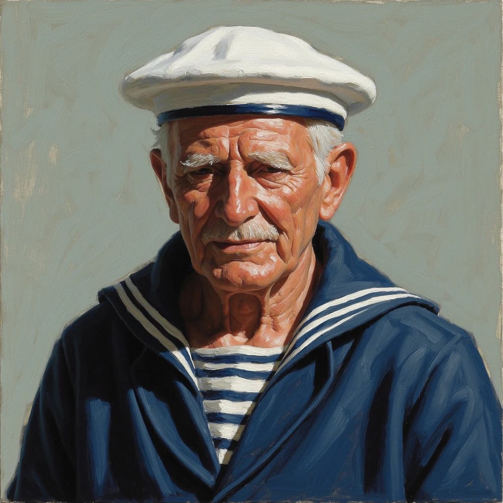 Oil on canvas portrait of an elderly sailor, weathered face, soft light.
