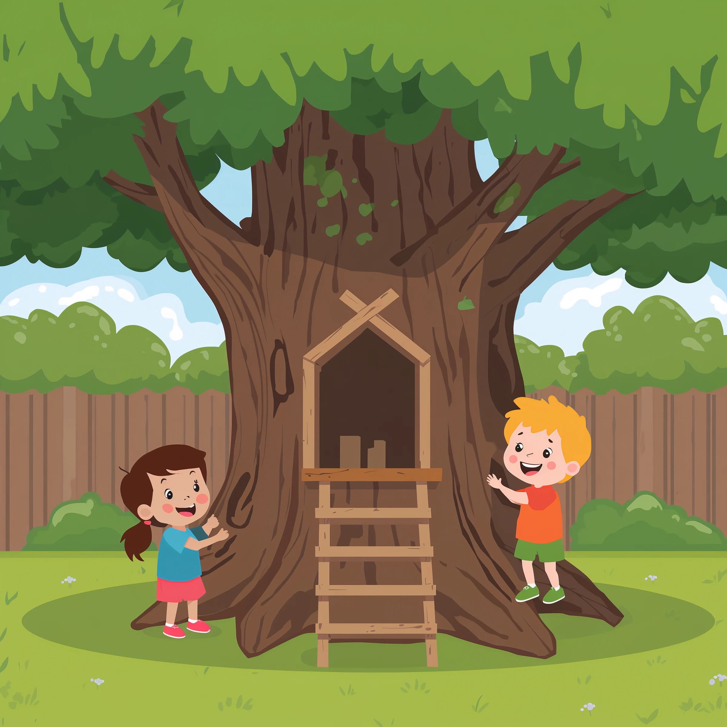 Kids build a backyard treehouse and laugh, bright flat colors, chunky outlines.