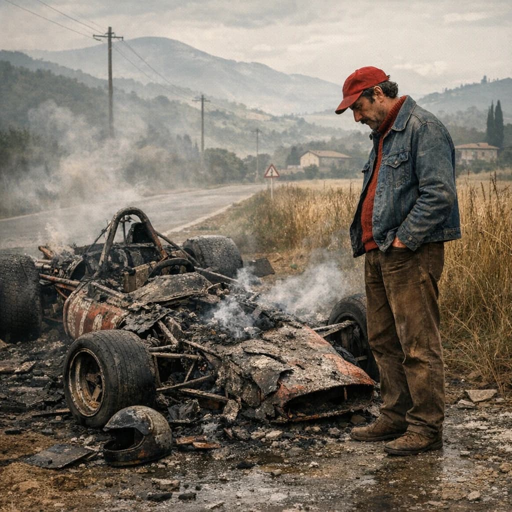 Mario examines the still smouldering wreck of the crash that took his best driver on the side of the country road. He designed this car and caused this. 3 days have passed since the crash. It's 1973 in Northern Italy.