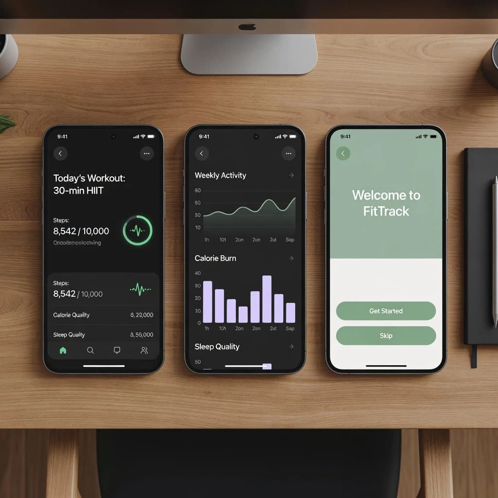 Sleek mobile fitness app screens on a desk: dark mode home, progress dashboard, simple onboarding, clear 8 pt grid, slightly oversized buttons for thumb reach, muted colors.