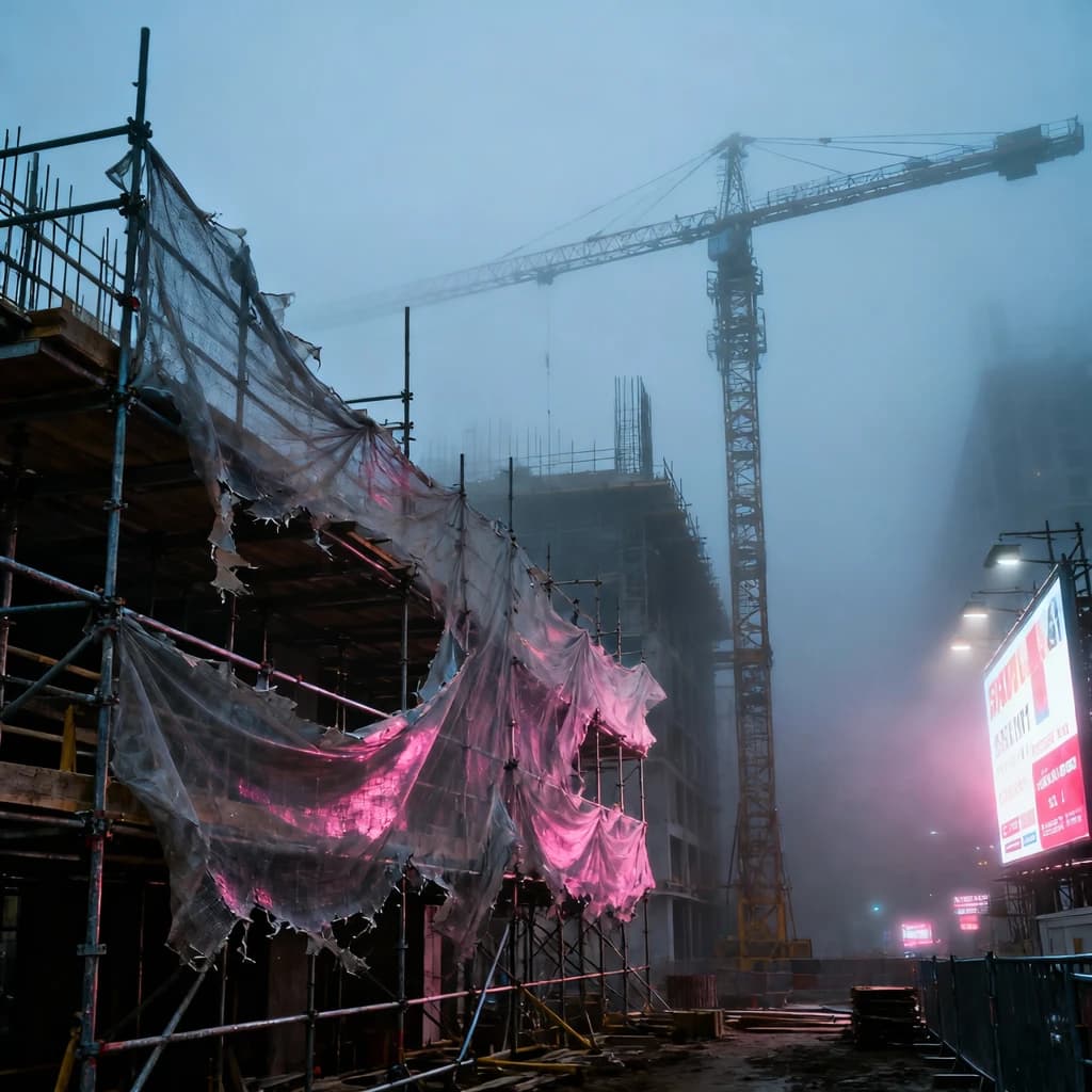 A construction site stretched upward into fog, cranes frozen in silhouette. Wind rattled scaffolding draped with torn mesh that glowed faintly from nearby billboards