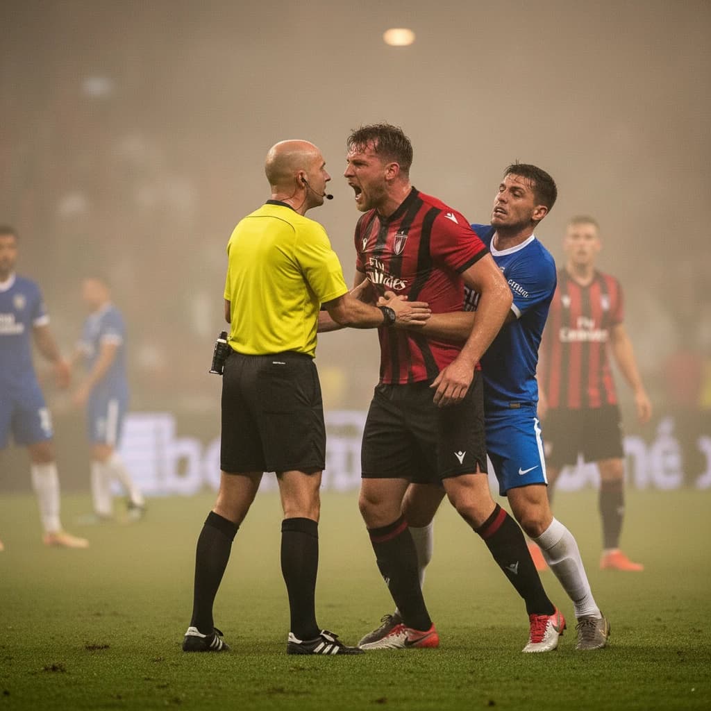 The soccer player clashes with the ref. It is thick and humid and the heat is getting to the players. His friend tries to pull him off before he causes any more trouble.