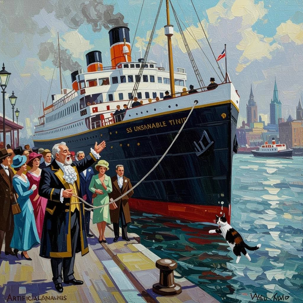 An impressionistic painting of the mighty steamer the "SS Unsinkable We Really Mean It This Time" on a cloudy but bright London morning about to set out on her maiden voyage. A jubilant crowd is gathered on the dock around the paunchy mayor who is making a speech, gesticulating wildly with his hands. The gangways are busy with well heeled ladies and gentlemen making their way onto the ship. A cheeky cat hangs over the water, clinging to the mooring rope after an ill-fated attempt to climb up. The artist has signed his name "Artificial Analysis" in the bottom corner