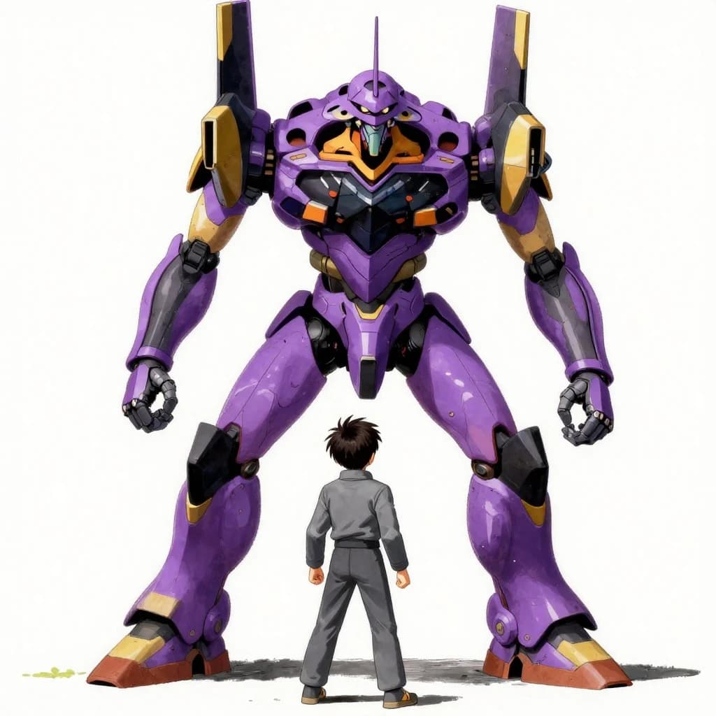 Clad in his body suit up to the neck, young Masa nervously approaches the towering mech with his back facing us. He is nervous for his first time in the field. The mech's bright purple colour scheme contrasts with the grey body suit. The scale of the mech dwarfs Masa. Hand drawn style