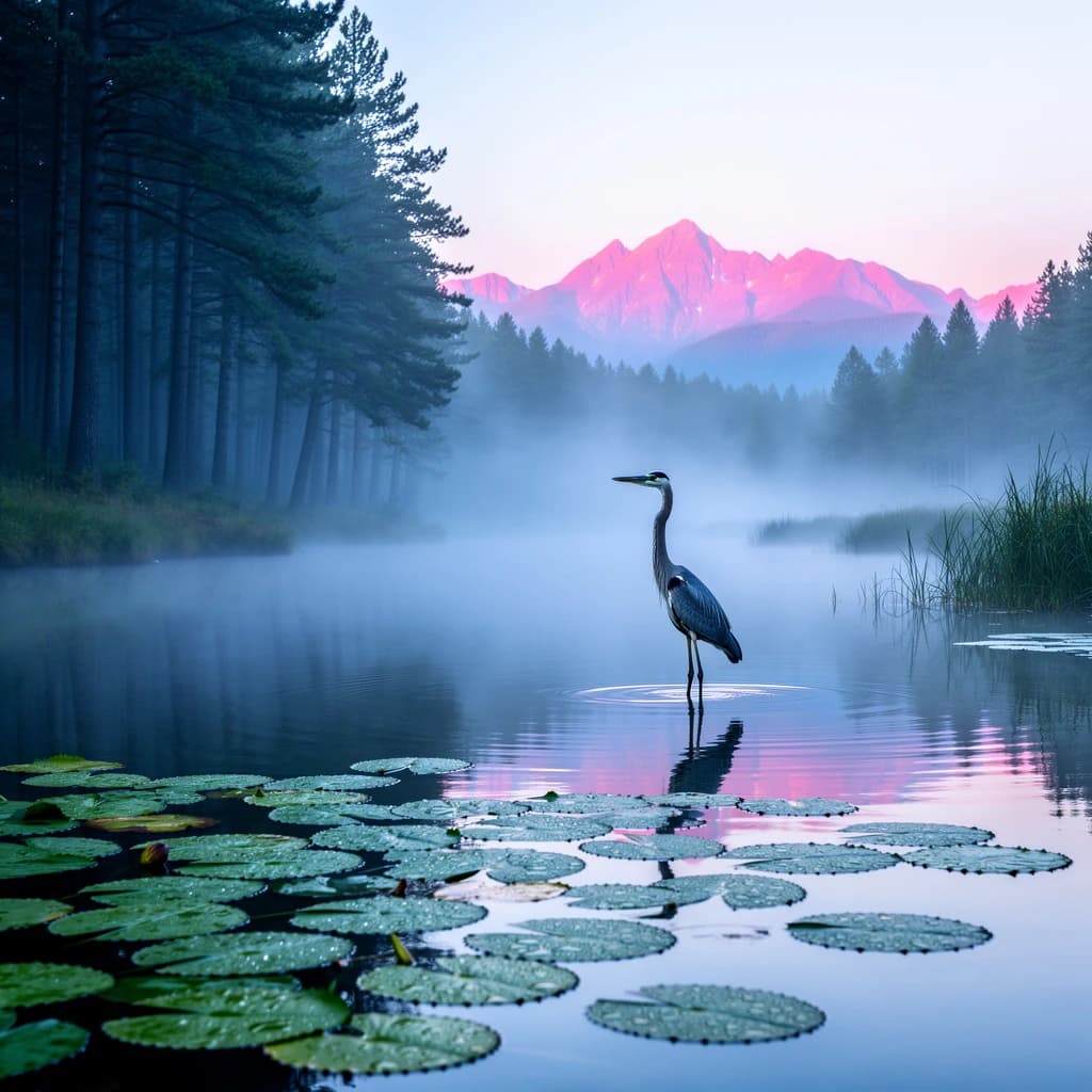 With pre-dawn mist along a cedar forest river and glassy water dotted with lily pads, distant mountains blush pink, and a heron stands still like it forgot what to do next.