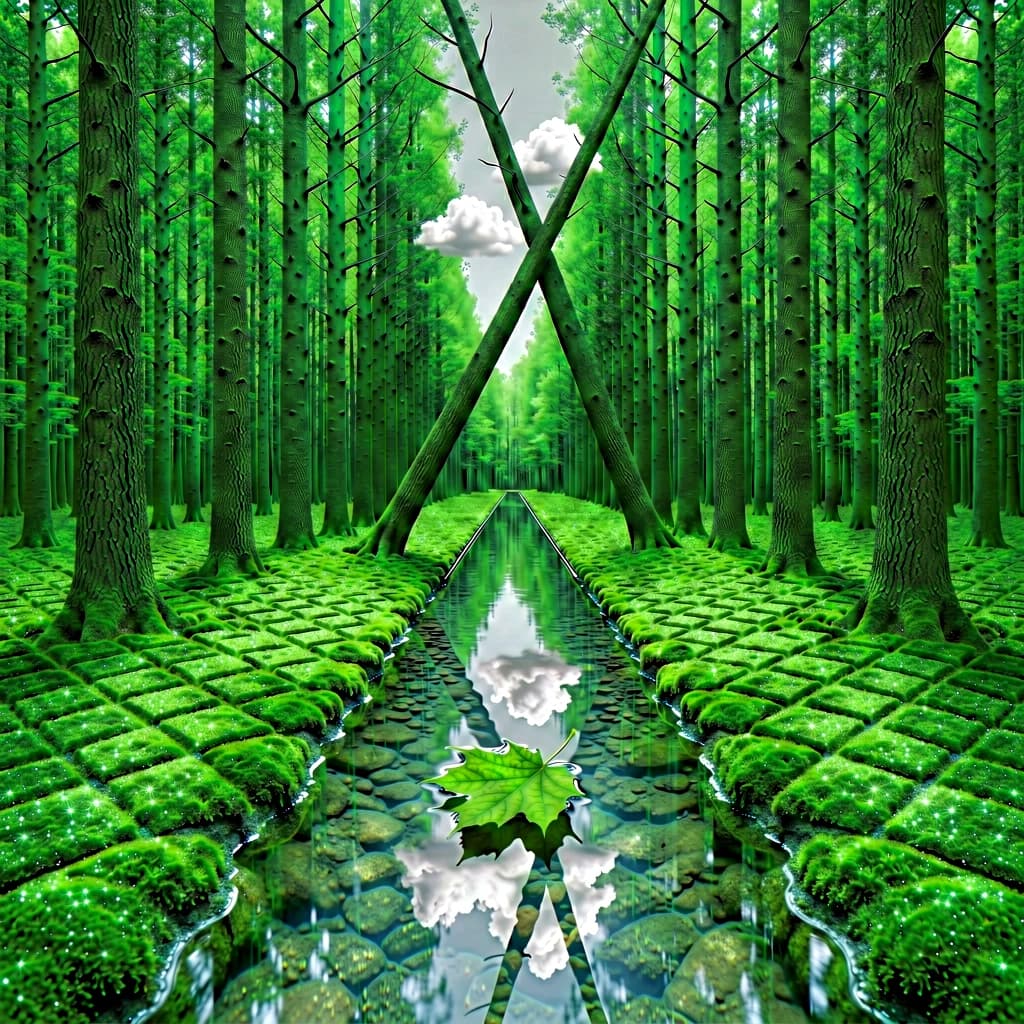 The forest is saturated green, trees identical in height and width, trunks straight, bark texture repeating. One trunk leans diagonally yet the branches remain vertical. The moss is emerald, glistening, though each patch forms identical diamond shapes. A stream runs straight, perfectly linear, water clear, reflecting clouds not visible in the sky. No animals, no insects, but one leaf floats on the water, doubled, showing two overlapping shadows.