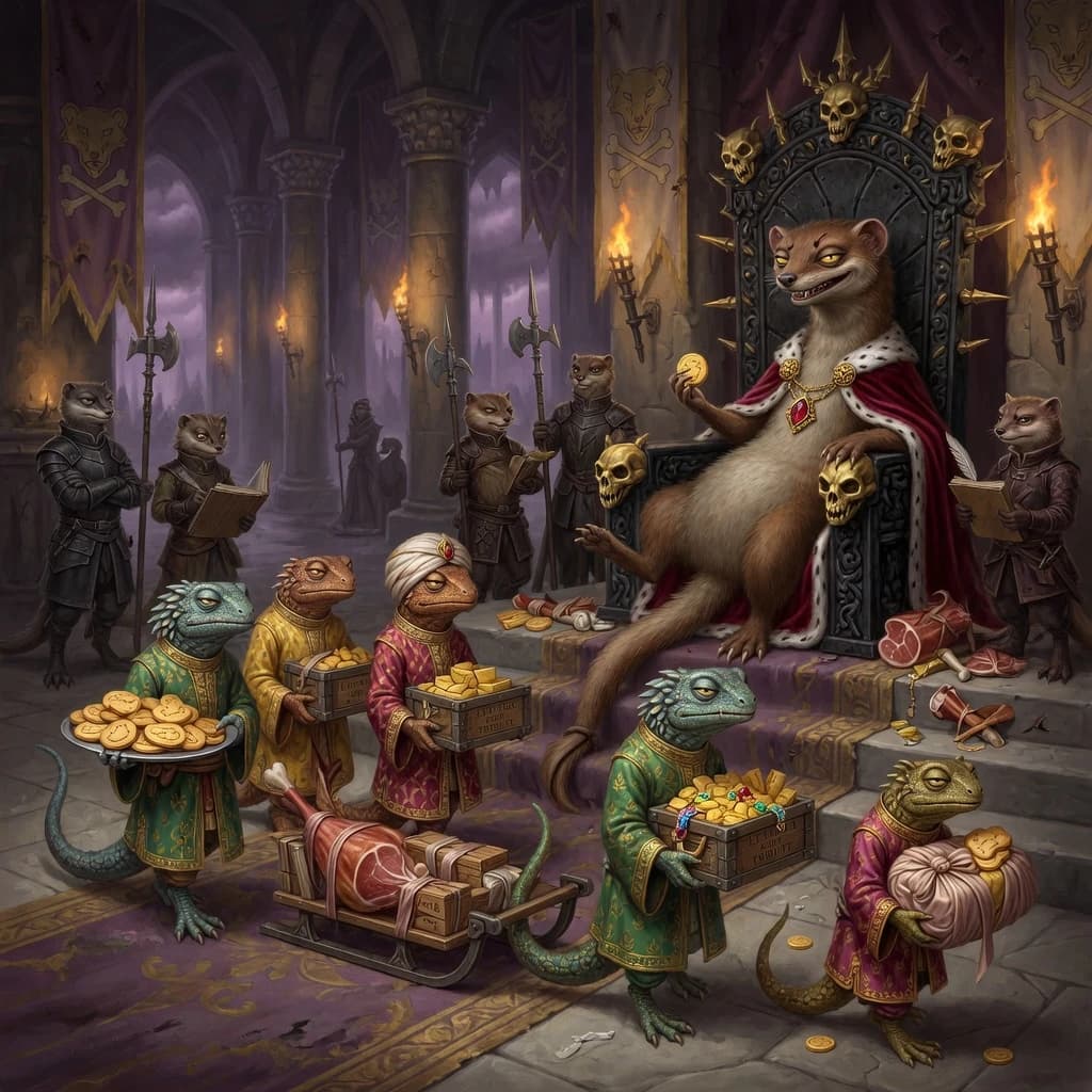 Big Weasel, the tyrannical ruler of the Levitus, slouches on his throne, his mood foul but somewhat brightened by the sight of gifts - a wearisome group of lizard traders adorned in fine silks proceed toward him through the hall with their annual tribute of biscuits, ham and gold - Big Weasel's favourites. Big Weasel's entourage looks on with stern approval.