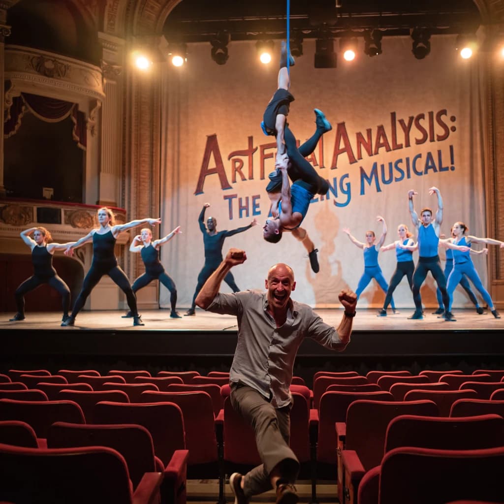 The musical troupe do a rehearsal in a large, empty theatre. 9 people are on the stage, half wear black and the others wear blue. The skinny bald director, seated in the second row, is practically leaping out of their seat with excitement as the leads nail their aerial. A giant banner reading "Artificial Analysis: The Amazing Musical!" is behind the actors.