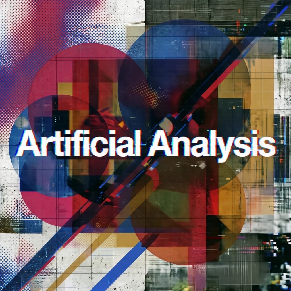 A bold poster composition dominated by flat geometric shapes in crimson, cobalt, and ochre. Overlapping circles and sharp diagonal lines create dynamic tension across the frame. A single sans-serif word — Artificial Analysis — stretches across the center in stark white, distorted slightly as though caught mid-glitch. The background is textured with halftone dots and faint grid lines, while subtle overlays of translucent rectangles suggest depth. Designed in the spirit of modernist Swiss typography fused with digital glitch aesthetics.