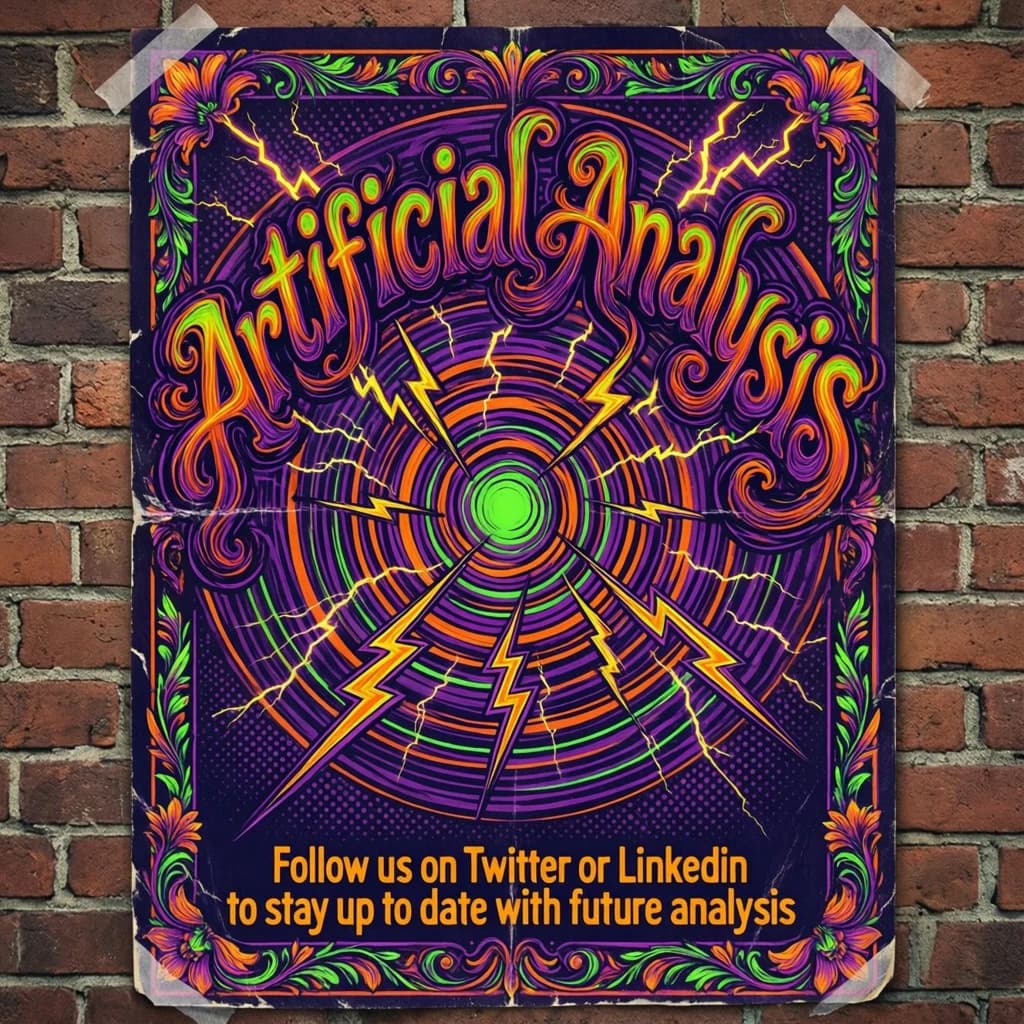 A portrait layout psychedelic concert poster from 1972 bathed in saturated oranges, deep purples, and acid greens. Swirling, hand-drawn typography arcs across the top, spelling out Artificial Analysis in bold, distorted letters that melt into spirals. Surrounded by radiating concentric circles and lightning-bolt motifs. The background is textured with halftone dots and faded paper creases, evoking a well-worn poster taped to a brick wall. Ornate floral borders frame the design, while the bottom features blocky retro lettering listing “Follow us on Twitter or LinkedIn to stay up to date with future analysis” in smaller text. 