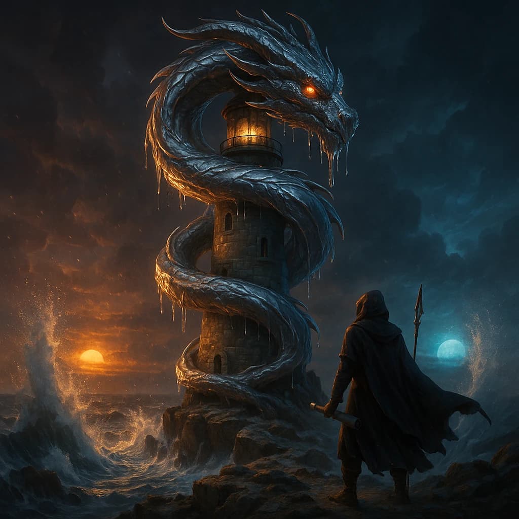 A dragon of molten silver coils around a lighthouse. The storming sea below crashes upward in frozen stillness, as though caught mid-motion. The dragon’s molten eyes drip tears of ice. On the horizon, two suns set next to each other, casting orange light on one side of the tower and blue on the other. A cloaked traveler carries an ancient weapon in his left hand and a scroll in his right.