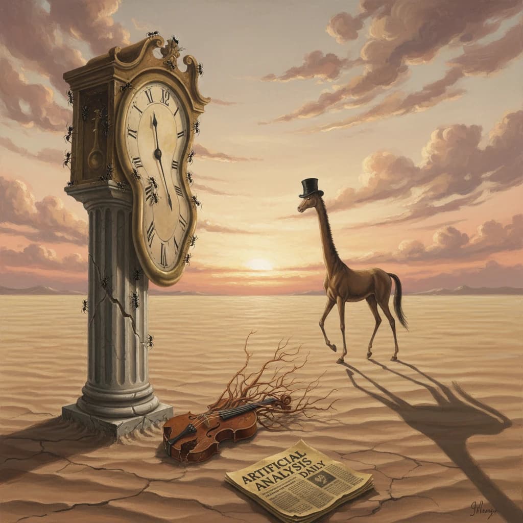 A vast desert plain stretches endlessly under a sky streaked with pale pink and ochre clouds. In the center stands a colossal clock, its face drooping and melting over the edge of a broken marble column. Ants swarm across its warped surface, glinting in the harsh sunlight. To the right, a horse with a giraffe like neck wearing a top hat strides toward the horizon, its shadow stretching miles across the sand. A cracked violin lies half-buried in the foreground, strings snapping outward like veins. Painted in the dreamlike surrealist style. A newspaper named the "Artificial Analysis Daily" lies on the Floor.