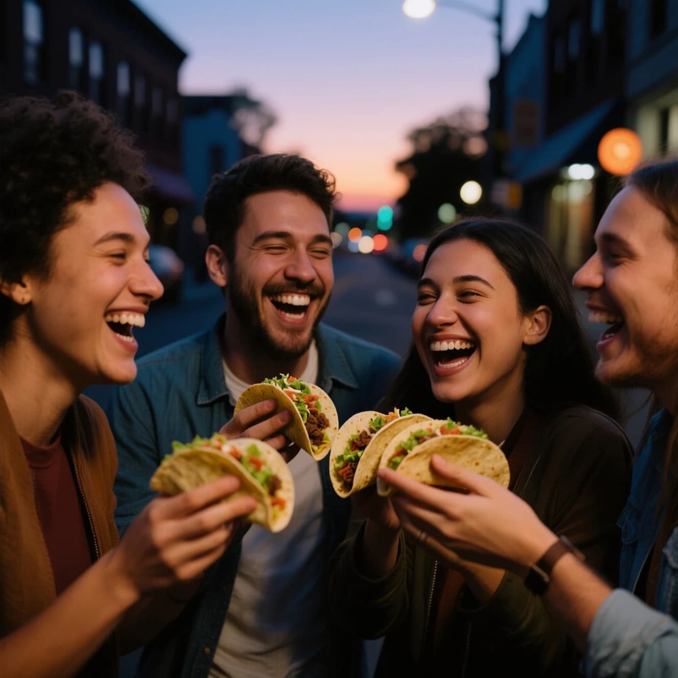 Friends laugh over street tacos at dusk, candid, shallow depth.