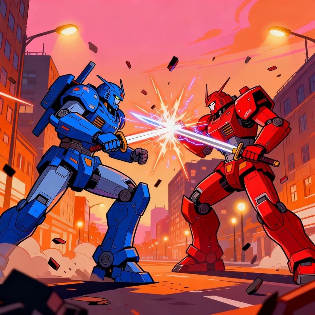 Make a cel-shaded mecha duel at dusk downtown.
