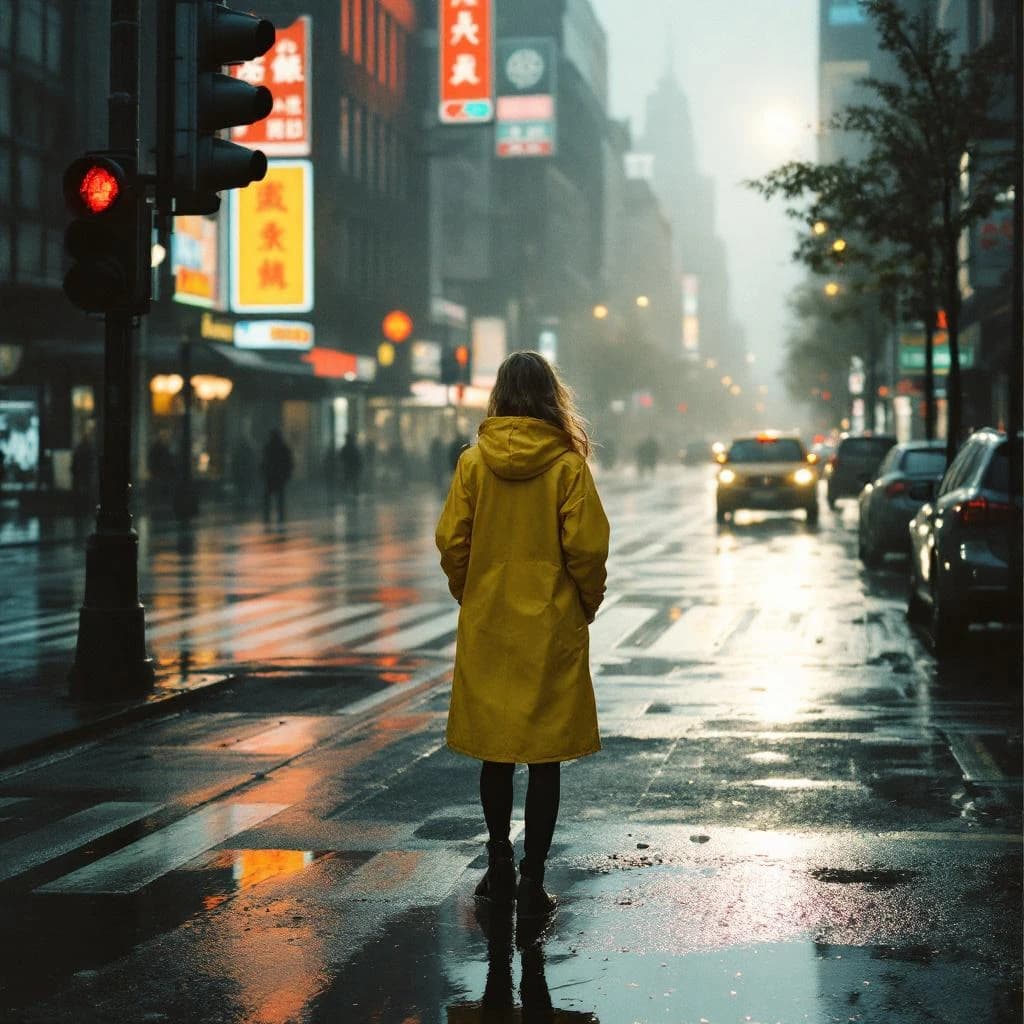 A sunlit city street after rain; puddles mirror neon signs as a woman in a yellow raincoat waits at a crosswalk, soft mist, 50mm look, natural tones, a bit of film grain.