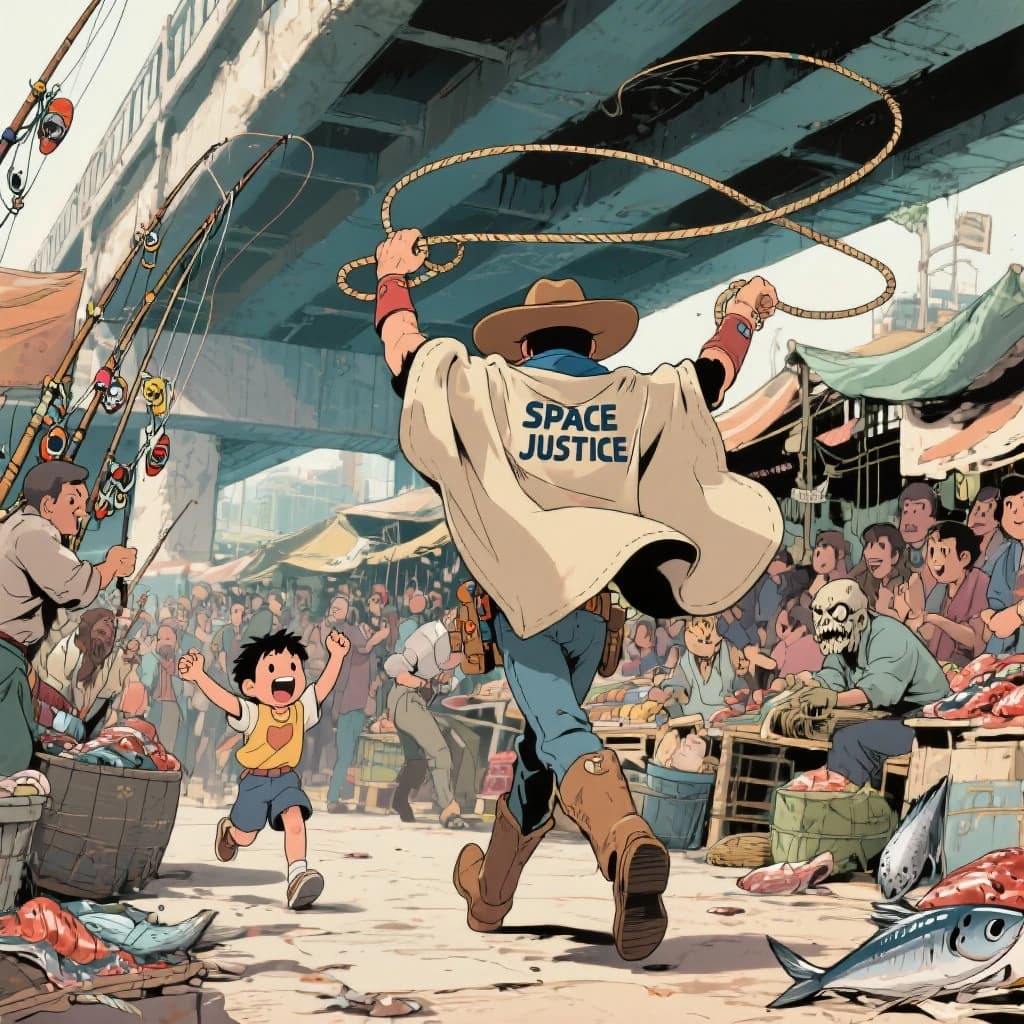 The space cowboy chases the deranged fisherman underneath the causeway, eager to collect on his bounty. Fishing rods and lines hang off the back off the fishermen as he darts between the bustling market crowd. We see the back of the space cowboy in his space poncho emblazoned with the words SPACE JUSTICE, spinning his lasso over his head. A child on the sidelines excitedly cheers the cowboy. 1990s hand drawn anime style with strong fluidity