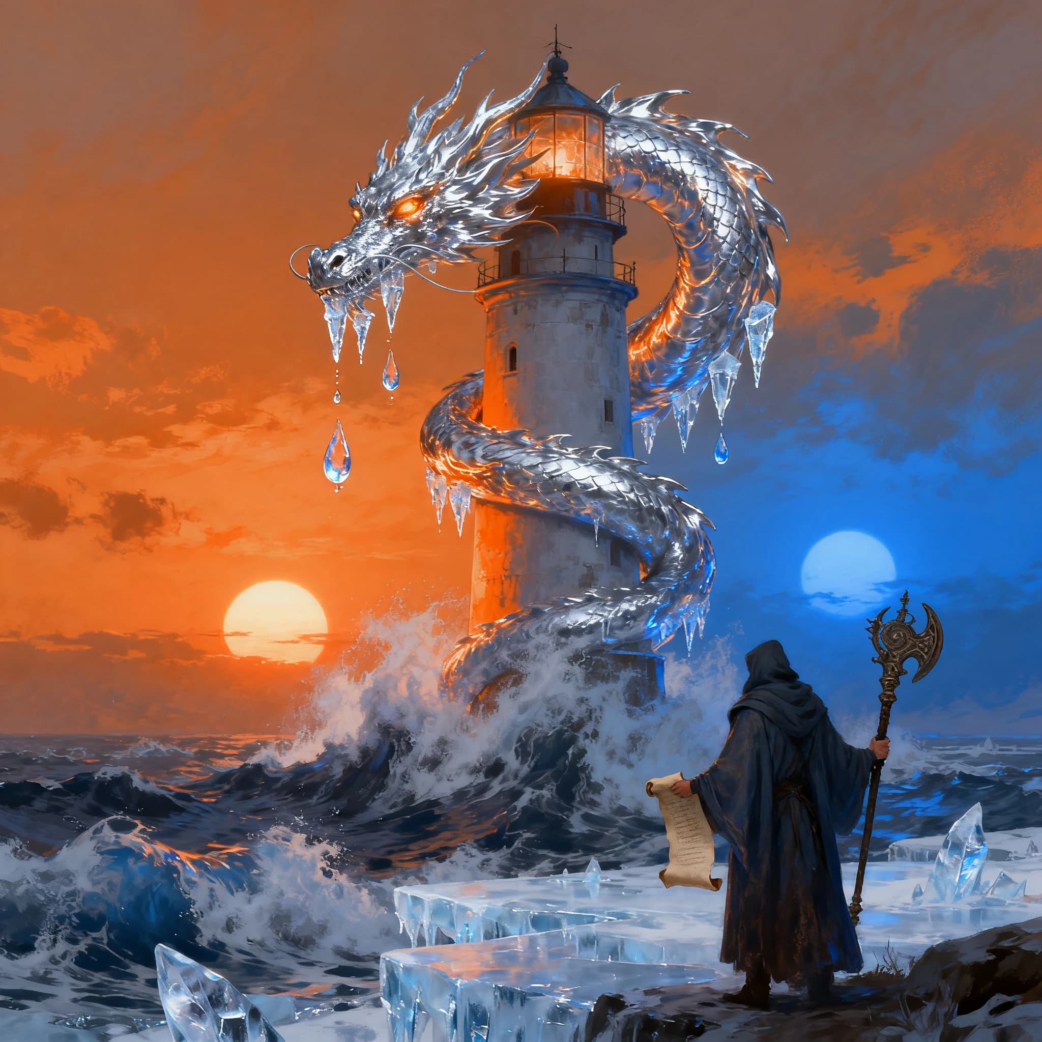 A dragon of molten silver coils around a lighthouse. The storming sea below crashes upward in frozen stillness, as though caught mid-motion. The dragon’s molten eyes drip tears of ice. On the horizon, two suns set next to each other, casting orange light on one side of the tower and blue on the other. A cloaked traveler carries an ancient weapon in his left hand and a scroll in his right.