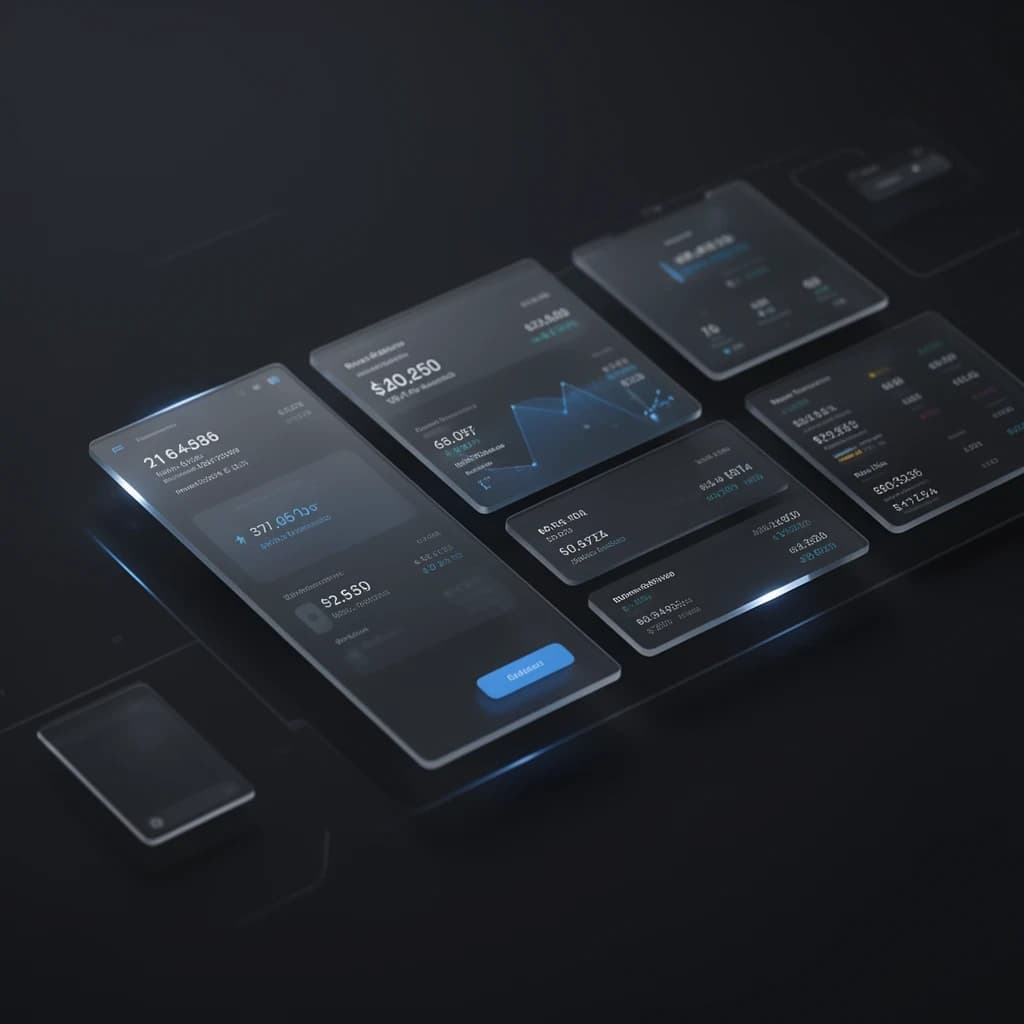 Dark mode banking dashboard with glassmorphism.