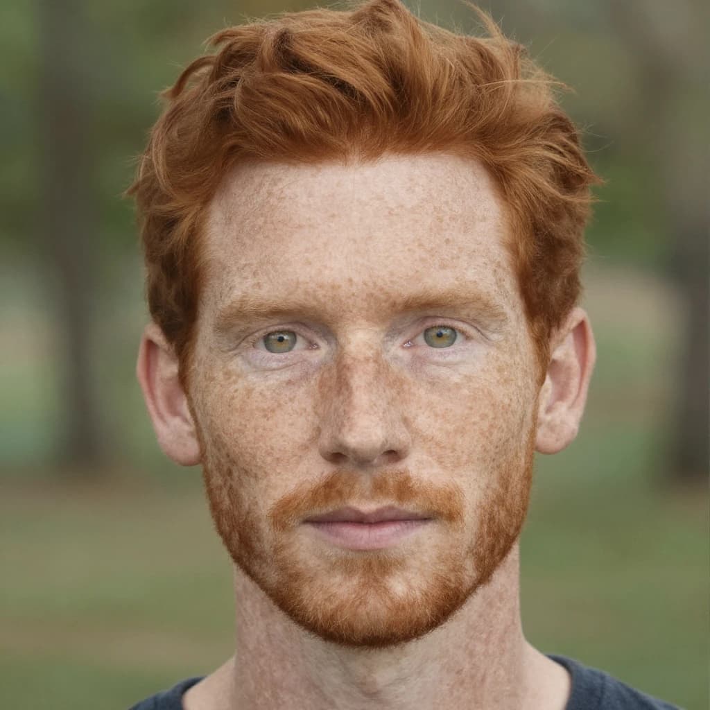 Shoot a natural light headshot of a red-haired man with freckles, green eyes.