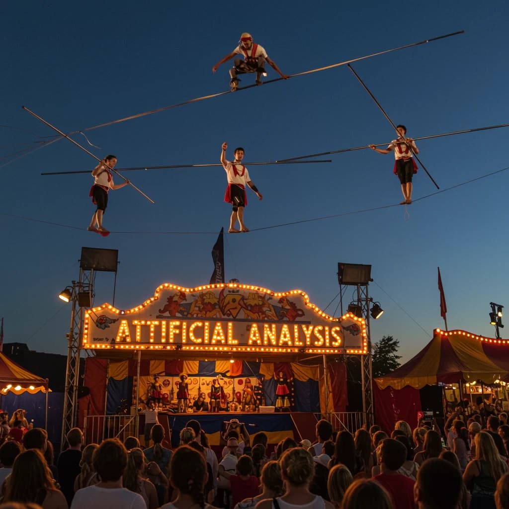At dusk, high above a carnival crowd, three tightrope walkers balance on a single rope with no aids, one is off balance and grabbing at air. Below, the audience looks upward with baited anticipation. Artificial Analysis is spelled out in the background in carnival lights