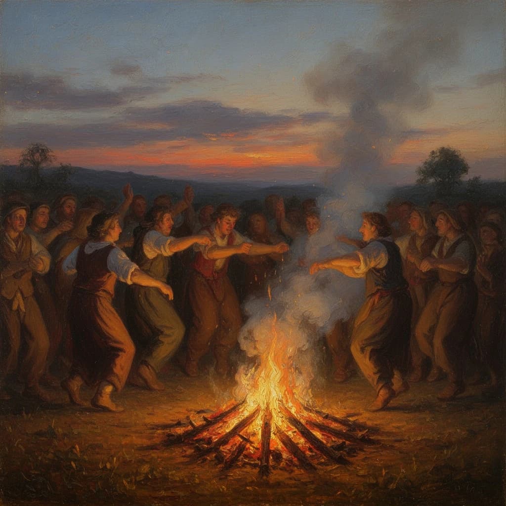 Make an oil painting of villagers dancing by a bonfire at dusk, a bit smoky.