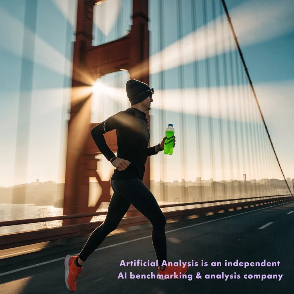 A runner dashes across the Golden Gate Bridge at dawn, sunlight streaming between cables. In their hand, they carry a neon-green sports drink with the brand name Artificial Analysis splashed boldly across the bottle. Motion blur emphasizes speed, while crisp purple sans serif typography overlays the bottom right of the scene with the tagline: Artificial Analysis is an independent AI benchmarking & analysis company