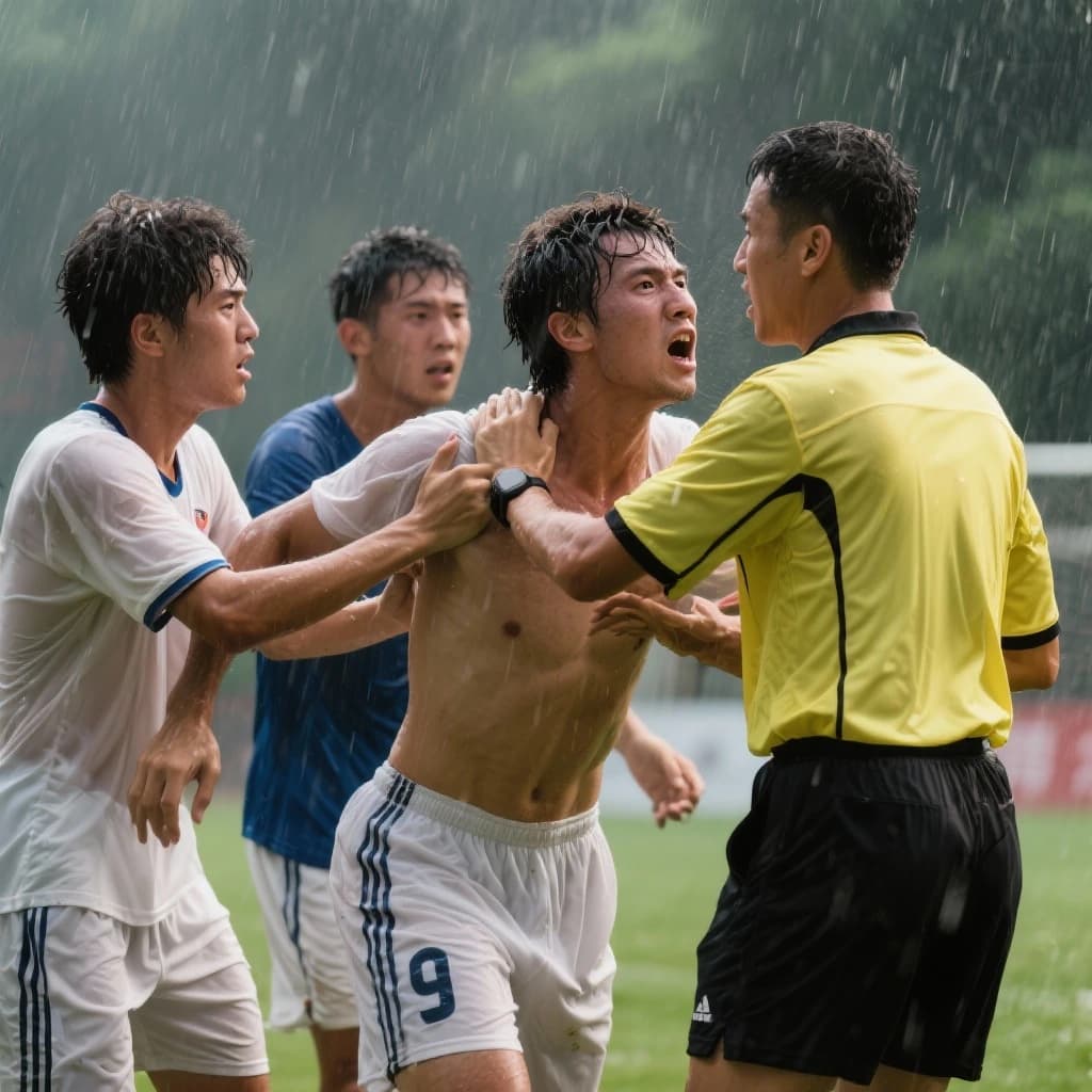 The soccer player clashes with the ref. It is thick and humid and the heat is getting to the players. His friend tries to pull him off before he causes any more trouble.