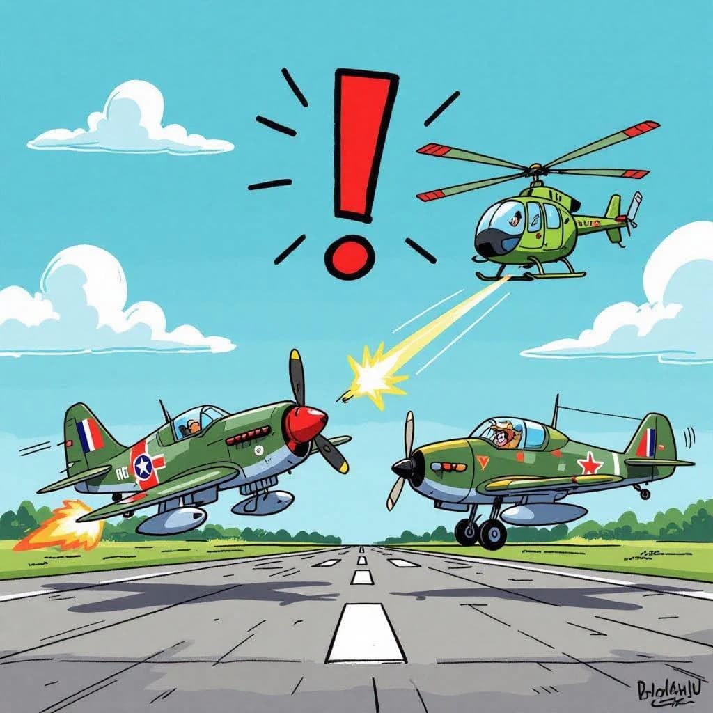 Almost at the runway, Fred the Fighter Jet is racing with Barry the Bomber to see who lands first. Fred has a mischievous trick up his sleeve but Hermione the Helicopter is going to stop him before he gets the chance. The control tower is very angry and has a big exclamation mark. Hand drawn cel look