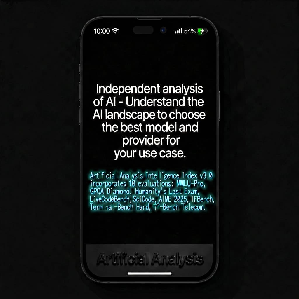On a black smartphone UI with rounded corners, display a centered text block in white San Francisco font, 16pt: “Independent analysis of AI - Understand the AI landscape to choose the best model and provider for your use case.” Below, in neon cyan, monospace font, smaller size: “Artificial Analysis Intelligence Index v3.0 incorporates 10 evaluations: MMLU-Pro, GPQA Diamond, Humanity's Last Exam, LiveCodeBench, SciCode, AIME 2025, IFBench, AA-LCR, Terminal-Bench Hard, 𝜏²-Bench Telecom.” The second block scrolls horizontally as a ticker. The battery icon in the status bar shows 54%. The Artificial Analysis logo appears faintly, embossed into the bottom navigation bar.