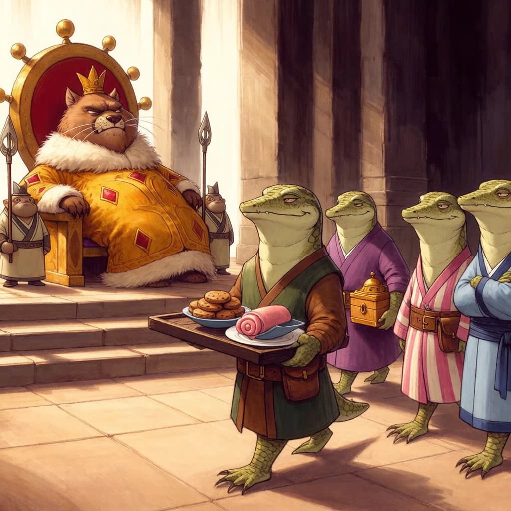 Big Weasel, the tyrannical ruler of the Levitus, slouches on his throne, his mood foul but somewhat brightened by the sight of gifts - a wearisome group of lizard traders adorned in fine silks proceed toward him through the hall with their annual tribute of biscuits, ham and gold - Big Weasel's favourites. Big Weasel's entourage looks on with stern approval.