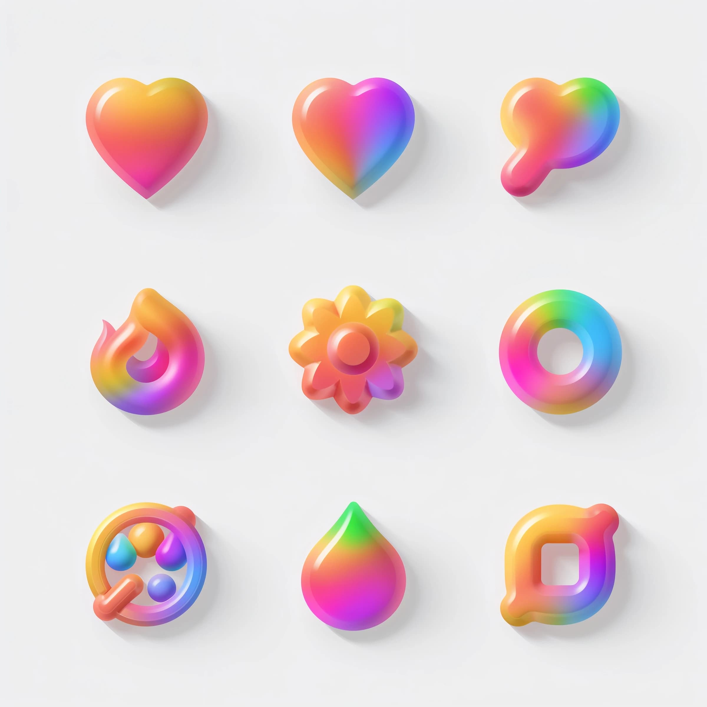Design a glossy 3D icon set with smooth gradients.