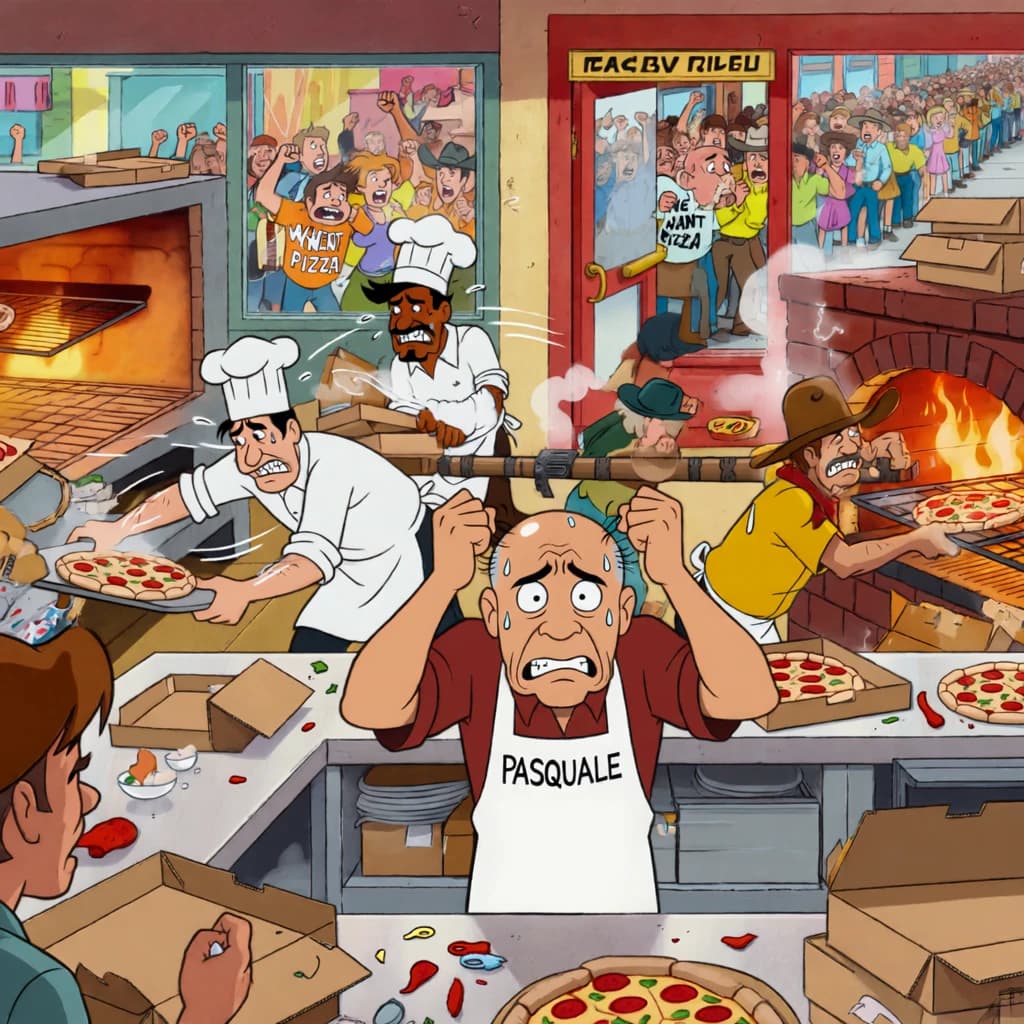 Pasquale is pulling his few remaining hairs out over a disaster at the pizzeria - the cooks are working as fast as they can but the crowds outside are swelling and they demand hot hot pizza! They are banging on the glass and some are wearing "we want pizza" shirts. 1980s western TV animation style.