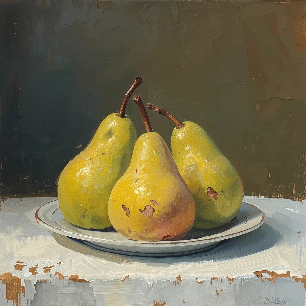 A gouache still life of pears on a chipped plate.