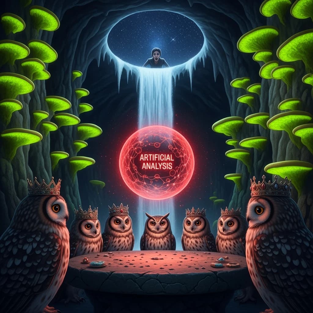 In a cavern lined with bioluminescent fungi glowing lime green, the council of owls wear jeweled crowns that glimmer with rubies, their wings folded behind their backs. Dust coats the stone table, a glowing orb inscribed with “Artificial Analysis” hovers above the table illuminating the owls with its red pulsating light. Behind them, a waterfall falls upward into a ceiling that opens onto stars - a child looks down in wonder from above at what he has stumbled across.