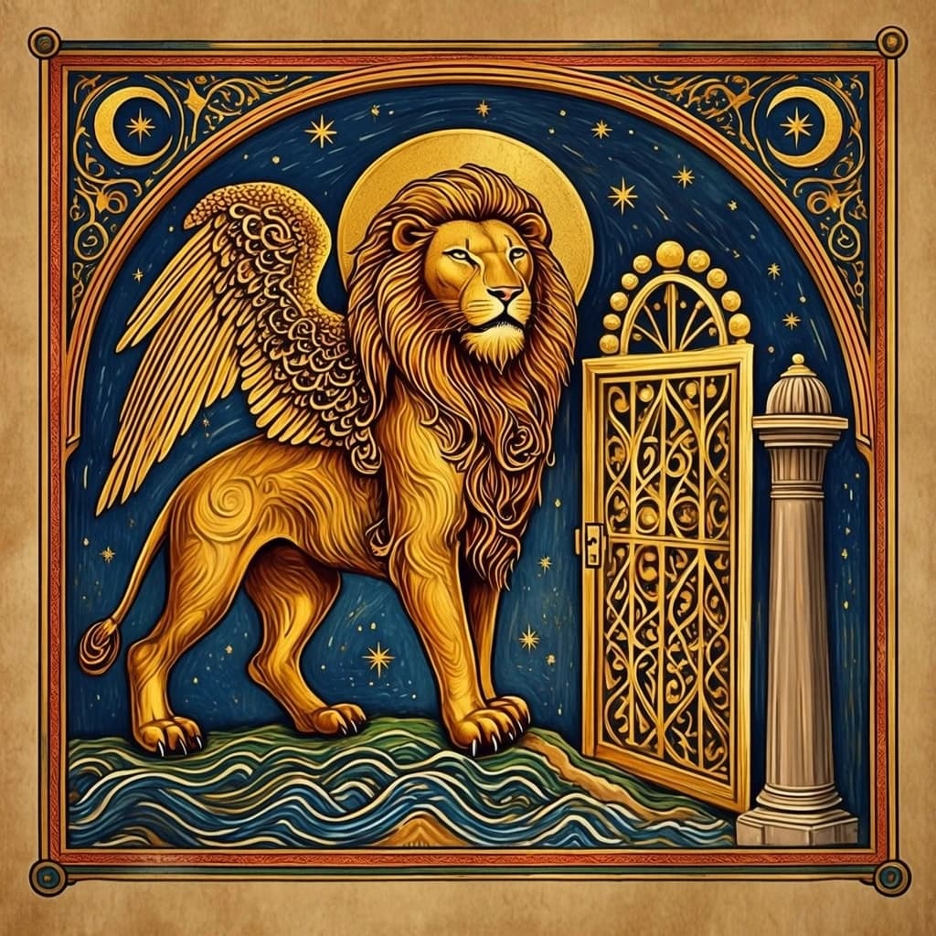 Paint an illuminated manuscript scene of a winged lion guarding a sea gate.