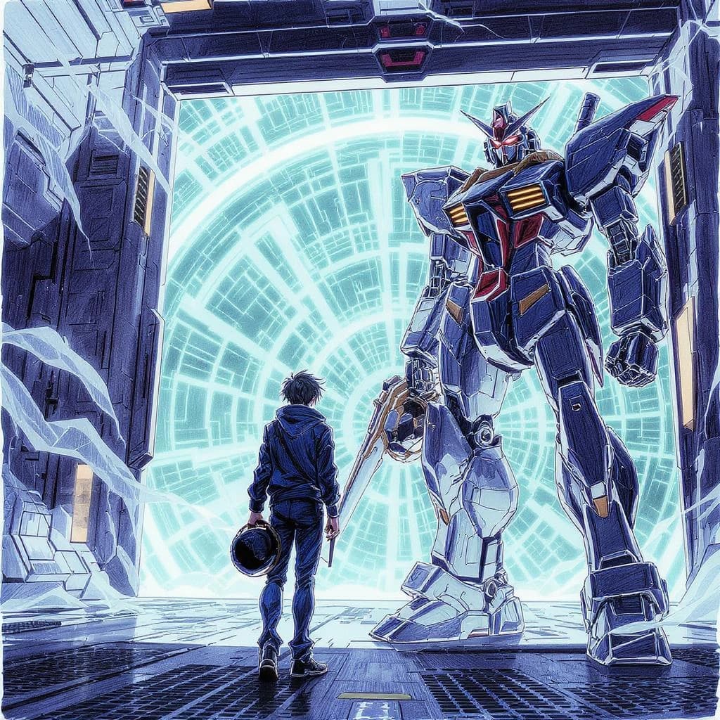 A teenage pilot grips his helmet under one arm, standing at the edge of a glowing hangar bay. Before him looms a sleek, steel-blue mech, its eyes lit with a cold electric glare. His school uniform is rumpled, a sharp contrast to the machine’s flawless plating. The vast scale engulfs him in shadow, emphasizing both awe and dread. Hand-drawn anime style.