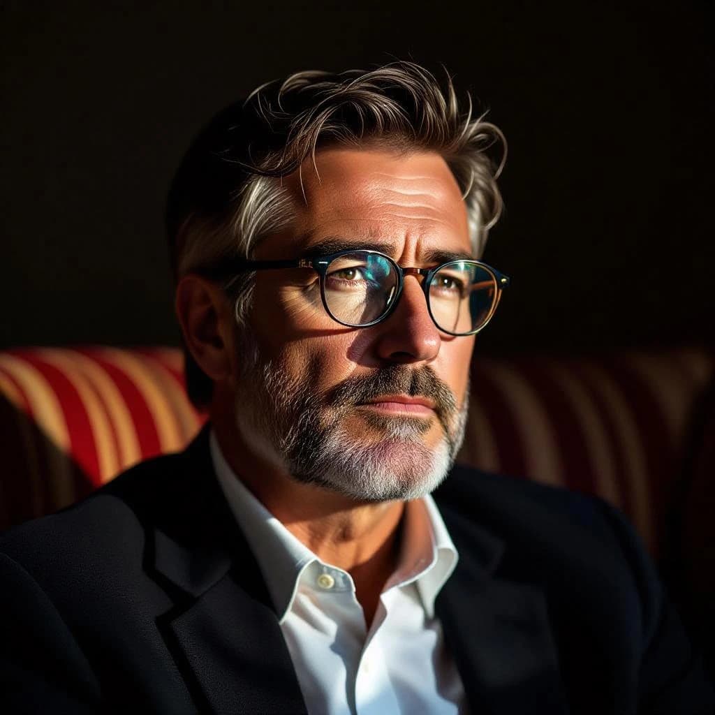 A sharply lit portrait of a middle-aged man wearing thin-rimmed glasses and a dark jacket over a white collared shirt. He gazes intently to the side, his face half illuminated by warm light while the background recedes into deep shadow. The expression is thoughtful, almost wary, as if caught mid-conversation. Behind him, a striped cushion in muted reds and blacks adds subtle texture, contrasting with the crisp highlights on his forehead and glasses. The overall mood is contemplative and cinematic, balancing warmth with tension.