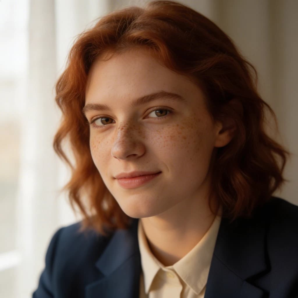 Capture a head-and-shoulders portrait of a freckled red-haired violinist in a navy blazer, soft window light, 85mm at f/1.8, gently smiling yet serious eyes, muted tones.