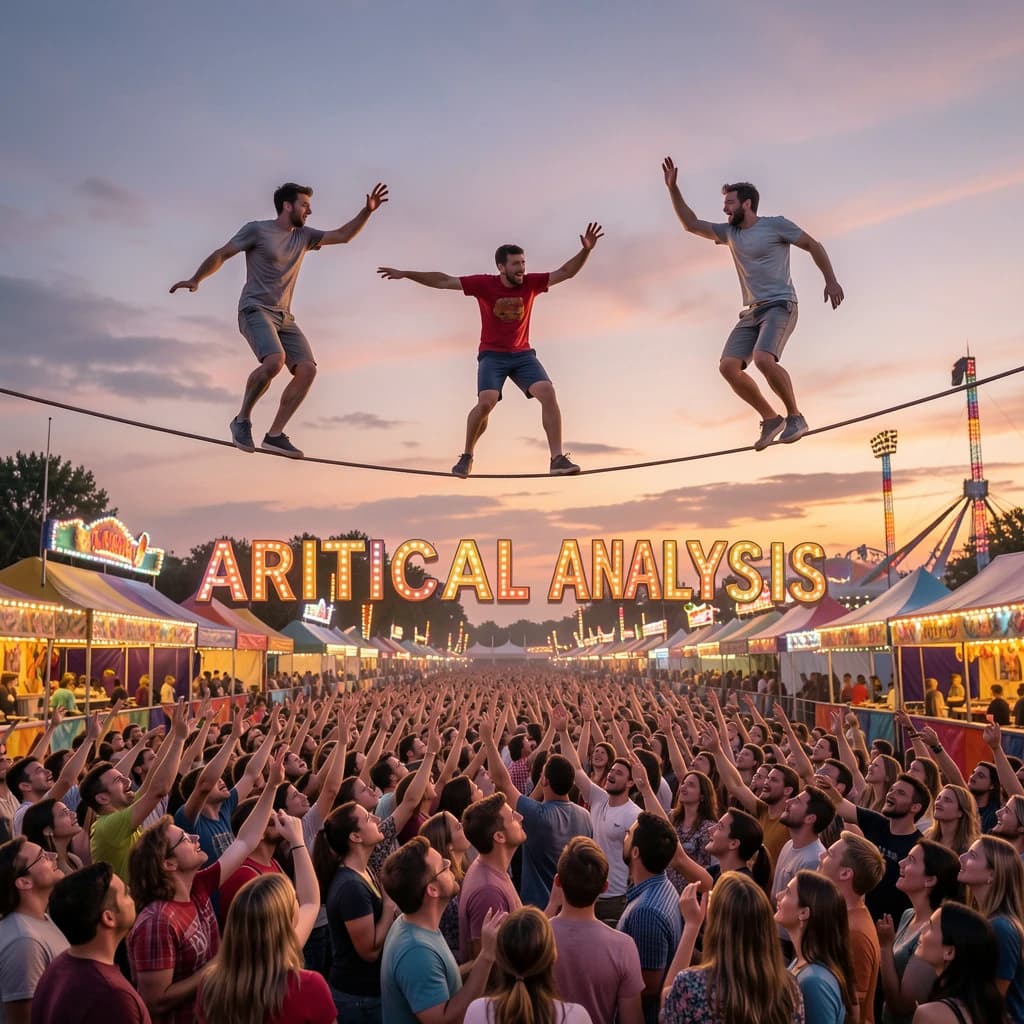 At dusk, high above a carnival crowd, three tightrope walkers balance on a single rope with no aids, one is off balance and grabbing at air. Below, the audience looks upward with baited anticipation. Artificial Analysis is spelled out in the background in carnival lights