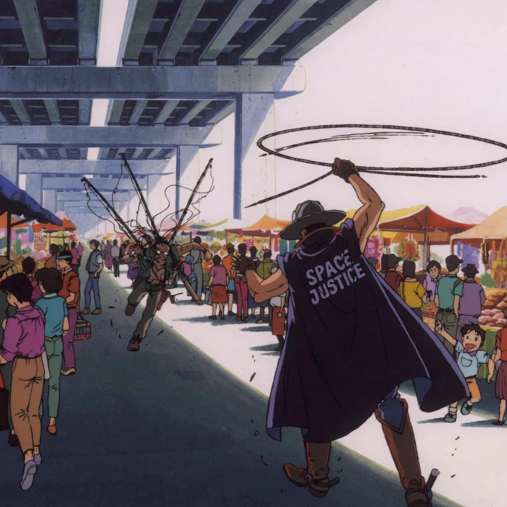 The space cowboy chases the deranged fisherman underneath the causeway, eager to collect on his bounty. Fishing rods and lines hang off the back off the fishermen as he darts between the bustling market crowd. We see the back of the space cowboy in his space poncho emblazoned with the words SPACE JUSTICE, spinning his lasso over his head. A child on the sidelines excitedly cheers the cowboy. 1990s hand drawn anime style with strong fluidity