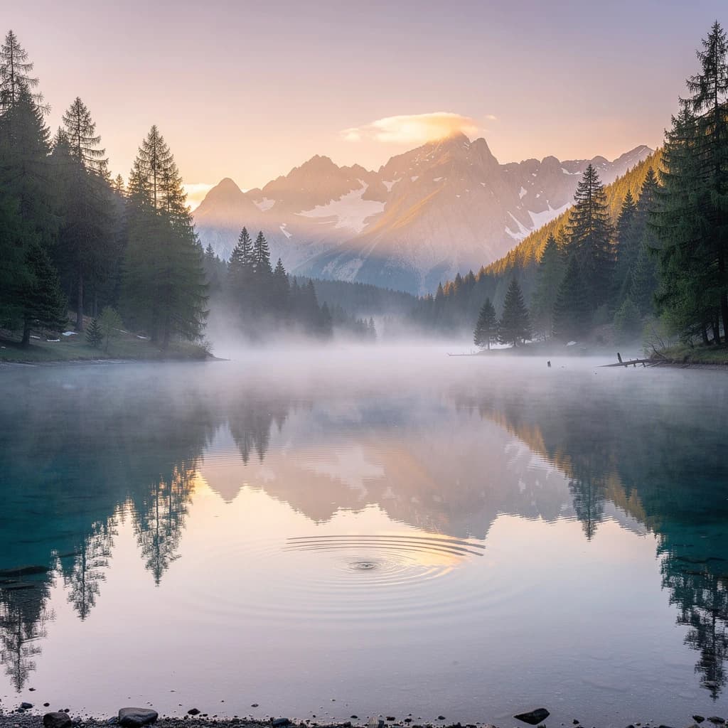 I want a photo of a misty alpine lake at dawn, pines, glassy water, warm light.