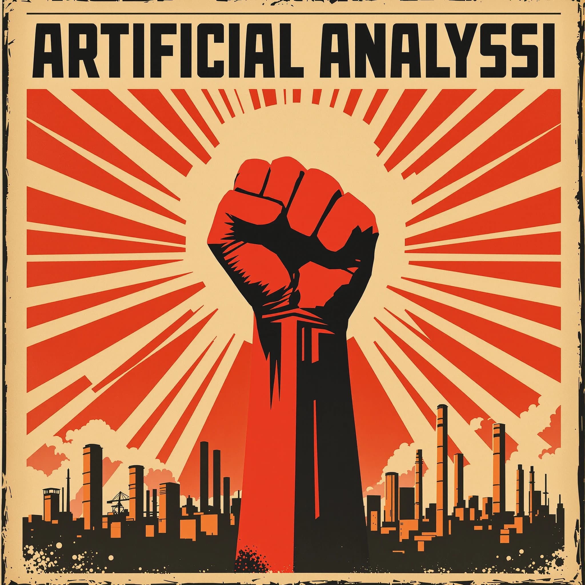A propaganda poster in stark red, black, and beige. A clenched fist rises in the foreground, rendered with sharp geometric blocks. Behind it, radiating lines stretch upward toward a stylized sun. At the top, bold sans-serif lettering in Cyrillic-inspired type spells out Artificial Analysis, tilted at an angle for emphasis. A factory skyline silhouettes the bottom edge, smoke stacks rising into the background. The texture is rough, printed on aged paper with visible creases and ink bleed. Designed in the constructivist Soviet poster style.