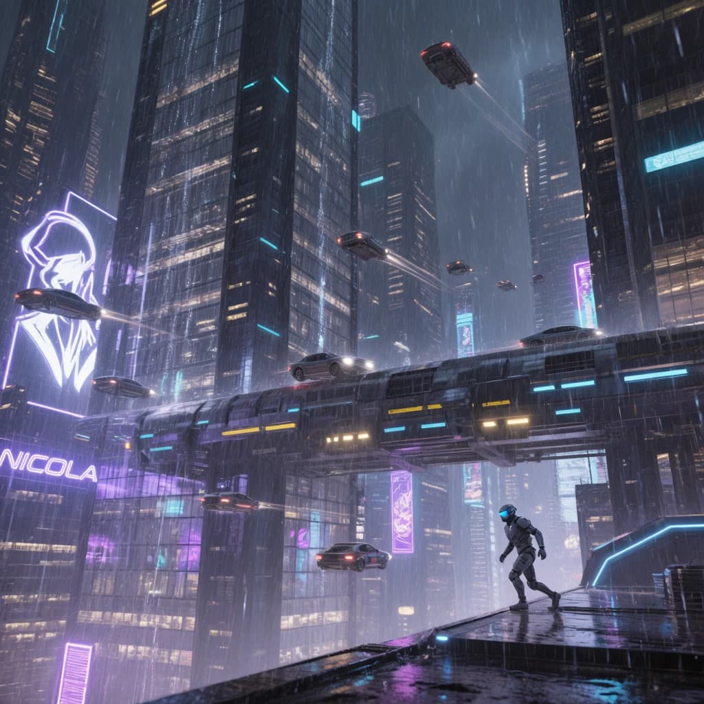 Rain-soaked neon megacity at night, flying taxis weave between glass towers, giant holograms flicker; a lone courier in a matte exosuit, somewhat cinematic wide angle.