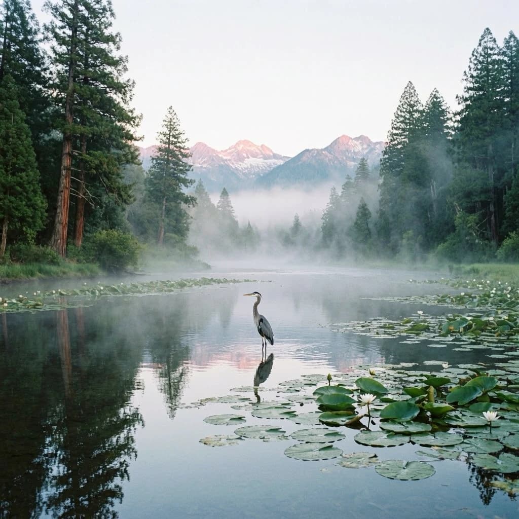 With pre-dawn mist along a cedar forest river and glassy water dotted with lily pads, distant mountains blush pink, and a heron stands still like it forgot what to do next.