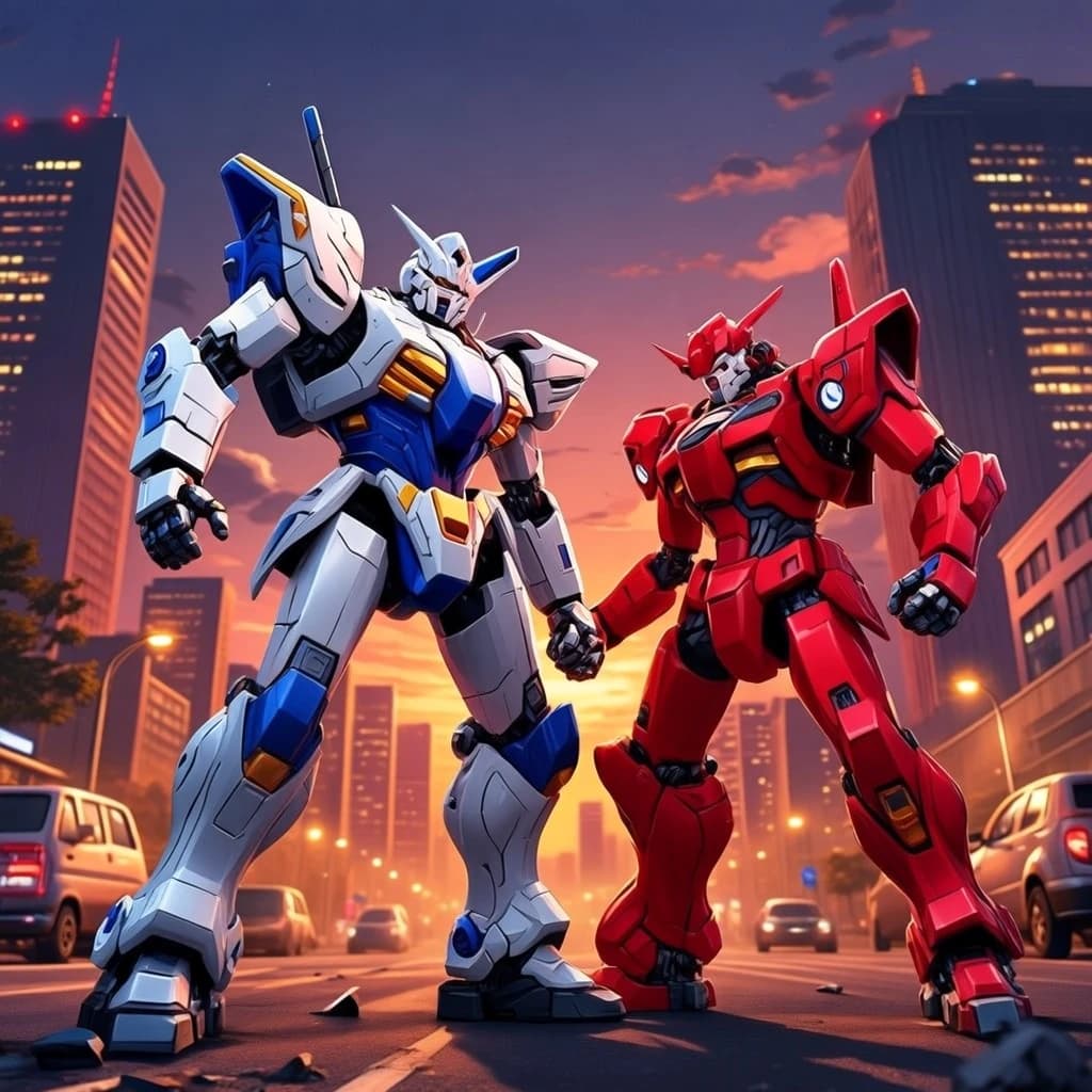 Make a cel-shaded mecha duel at dusk downtown.