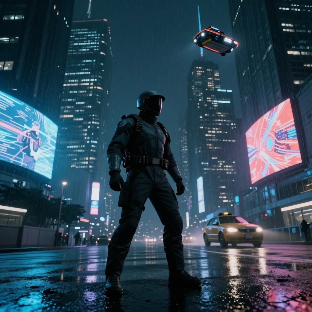 Rain-soaked neon megacity at night, flying taxis weave between glass towers, giant holograms flicker; a lone courier in a matte exosuit, somewhat cinematic wide angle.
