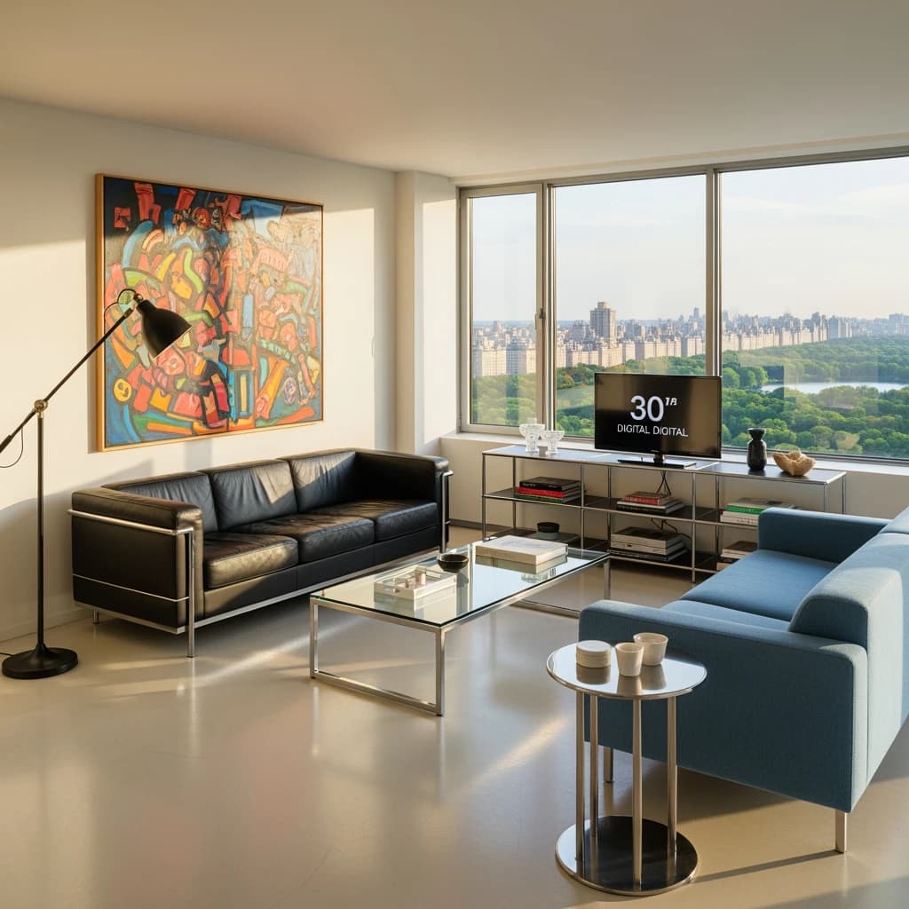 My apartment overlooks Central Park. It’s very luxurious, very expensive, and the furniture is minimal — a black leather couch, a glass coffee table with chrome legs, an Arne Jacobsen floor lamp. A big-screen television set rests on a steel shelving unit. A David Onica painting hangs above the couch. There’s a stainless steel and glass cocktail table. A powder-blue sofa. A thirty-inch digital TV.