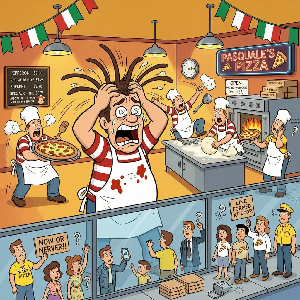 Pasquale is pulling his few remaining hairs out over a disaster at the pizzeria - the cooks are working as fast as they can but the crowds outside are swelling and they demand hot hot pizza! They are banging on the glass and some are wearing "we want pizza" shirts. 1980s western TV animation style.
