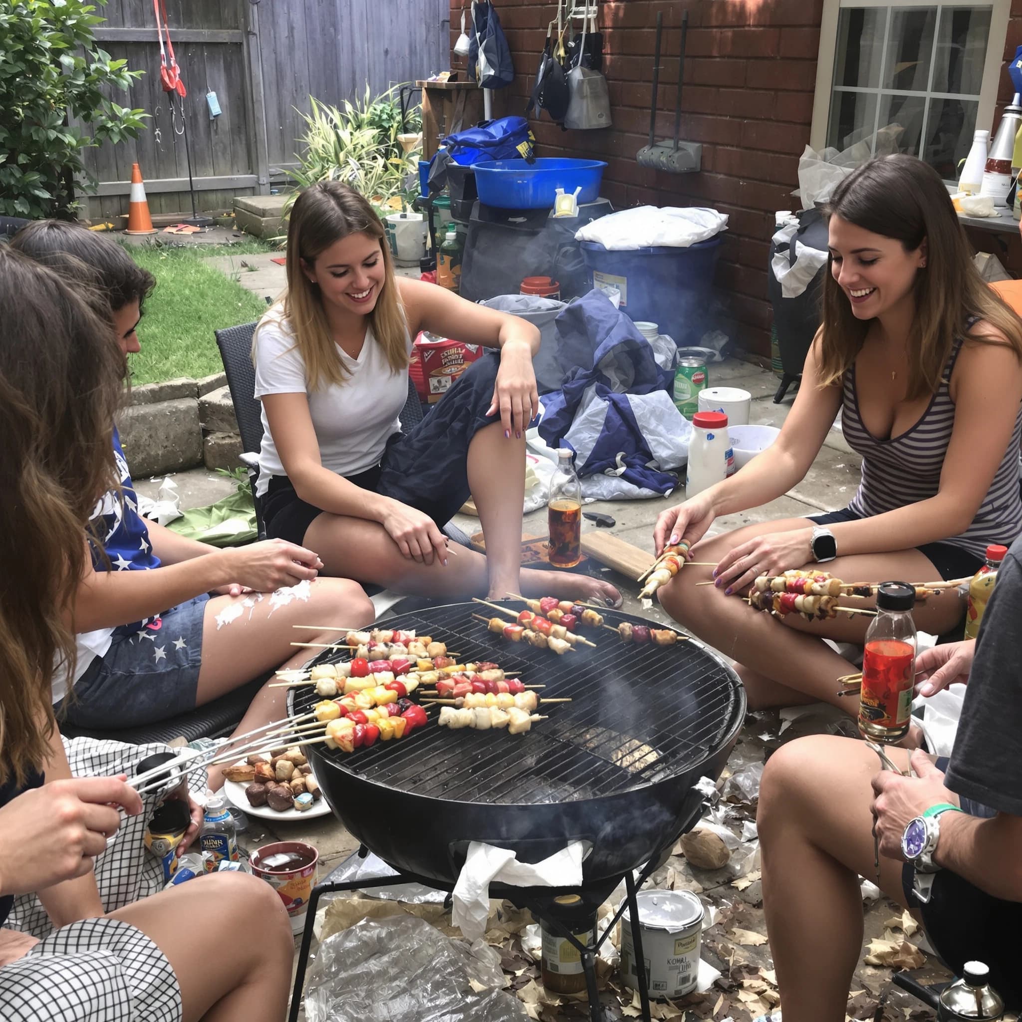 Friends grill skewers on a slightly messy patio.