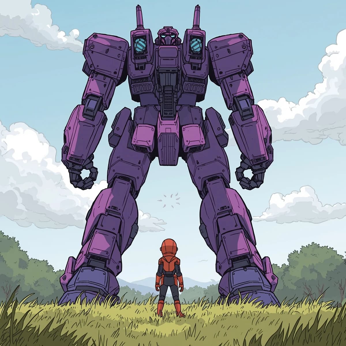 Clad in his body suit up to the neck, young Masa nervously approaches the towering mech with his back facing us. He is nervous for his first time in the field. The mech's bright purple colour scheme contrasts with the grey body suit. The scale of the mech dwarfs Masa. Hand drawn style